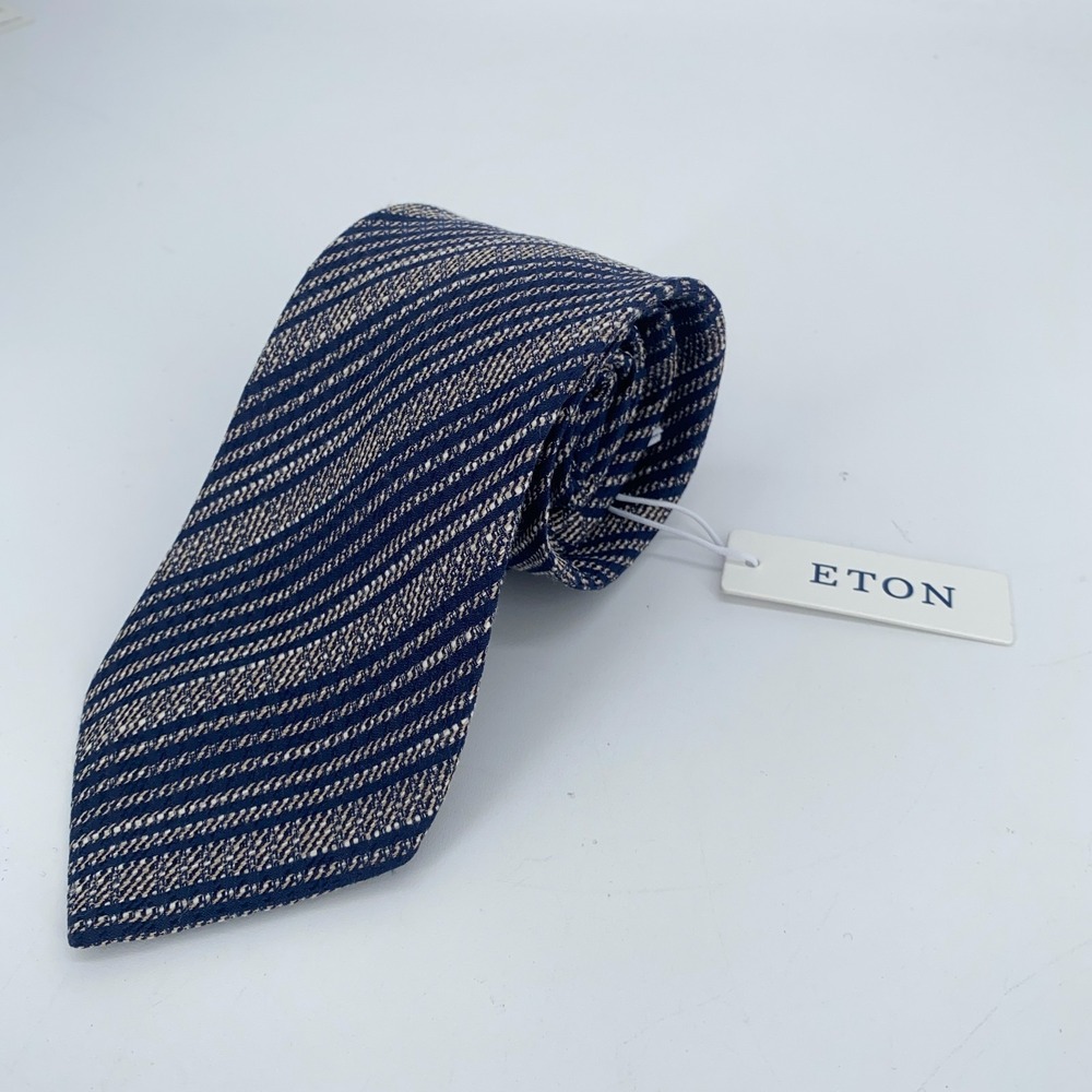 Eton Mens Navy Beige Striped Silk Classic Necktie Italy NWT A00031664 2780